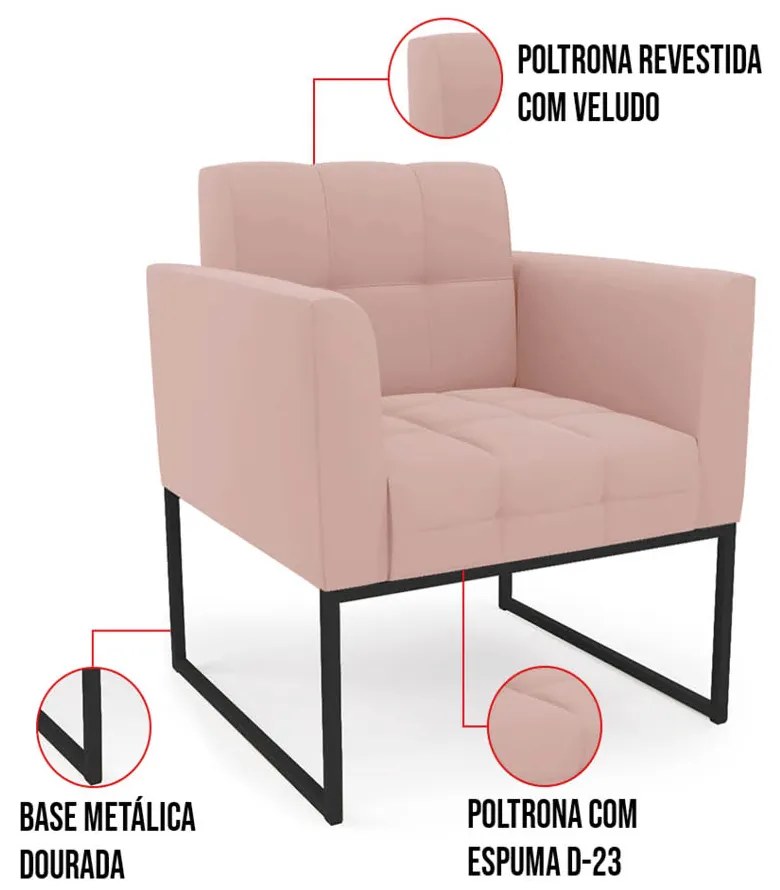 Kit 1 Sofá Namoradeira e 1 Poltrona Elisa Veludo Rosê Base Metálica Industrial Preto D03 - D'Rossi