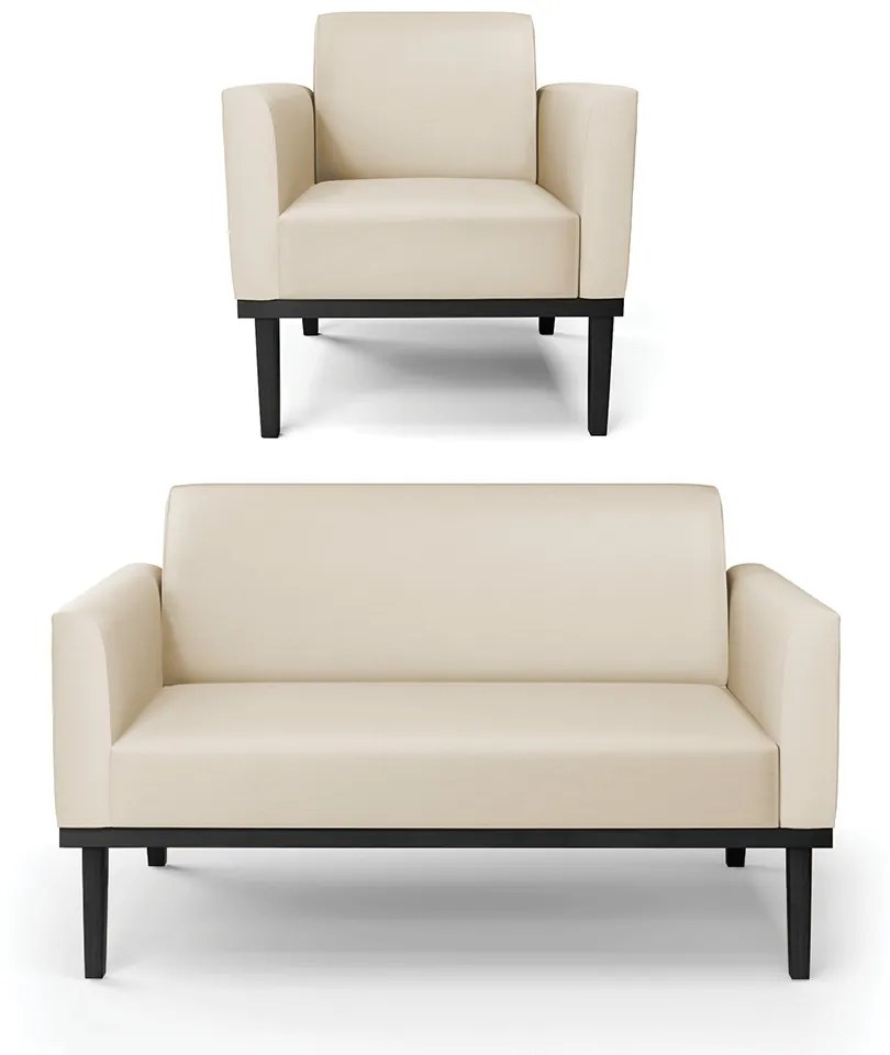Conjunto Poltrona e Namoradeira Decorativa Isabella Pés Fixo em Madeira Preto PU Bege G19 - Gran Belo
