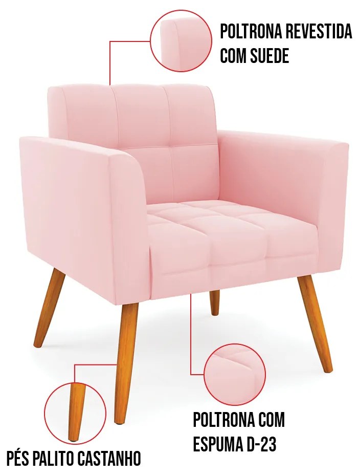 Kit 1 Sofá Namoradeira e 2 Poltronas Elisa Suede Pés Palito Castanho D03 - D'Rossi - Rosa Bebê
