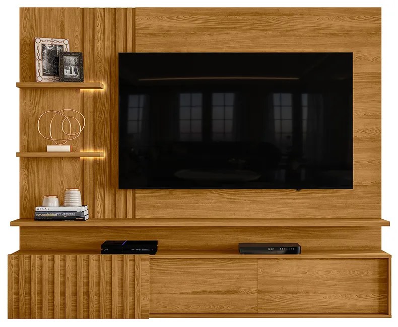 Painel TV 65 Pol 200cm Bancada Suspensa Ripado Mirellin M20 - D'Rossi - Cumaru