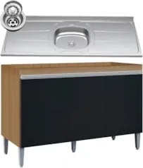 Balcão de Cozinha Com Pia Inox 120cm Manu Preto/Amêndoa - AJL Móveis