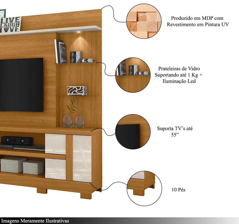 Home Theater Maxim Porta 2 Prateleiras Iluminação LED MDP até 55 Cinamomo/OffWhite G97 - Gran Belo