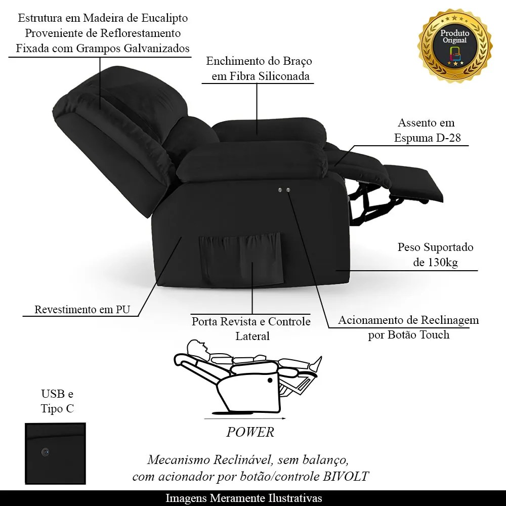 Poltrona do Papai Reclinável Sala de Cinema Madrid Power Touch USB PU Preto G23