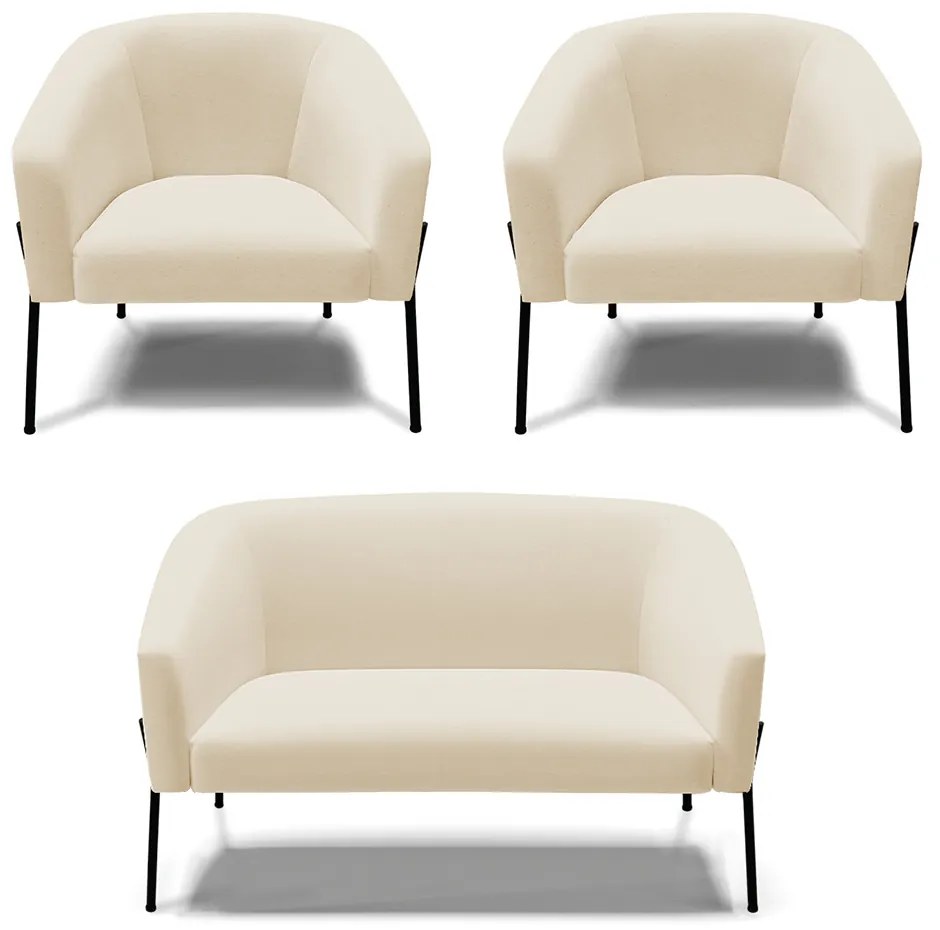 Namoradeira e 2 Poltronas Pé de Ferro Preto Stella  Linho Bege D03 - D'Rossi