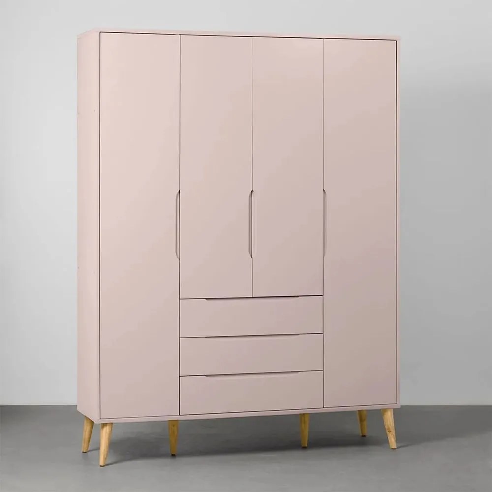 Guarda-Roupa Elfe 4 Portas e 3 Gavetas com Pés Retrô Natural - Rosa Fosco