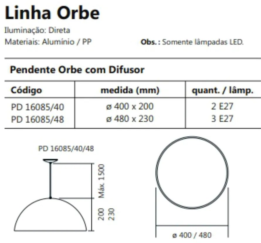 Pendente Orbe C/ Difusor Acrílico Metal Ø48X23Cm 3Xe27 / Meia Esfera |... (FN-F - Fendi Fosco)