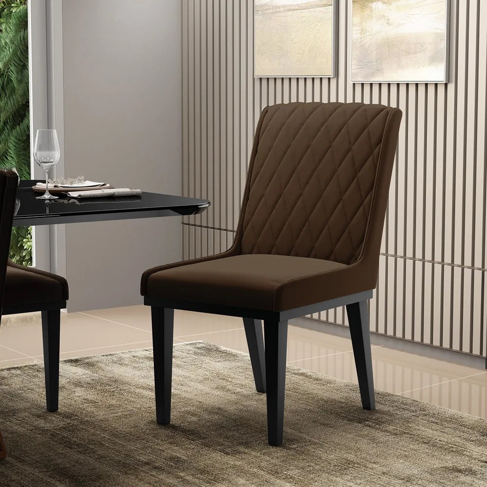 Cadeira Sala de Jantar Base Madeira Preto Kit 8 Sofia Suede - Marrom