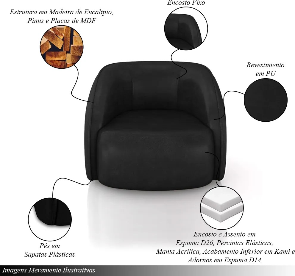 Poltrona Decorativa Sala de Estar Clarke PU Preto Manchado G45 - Gran Belo