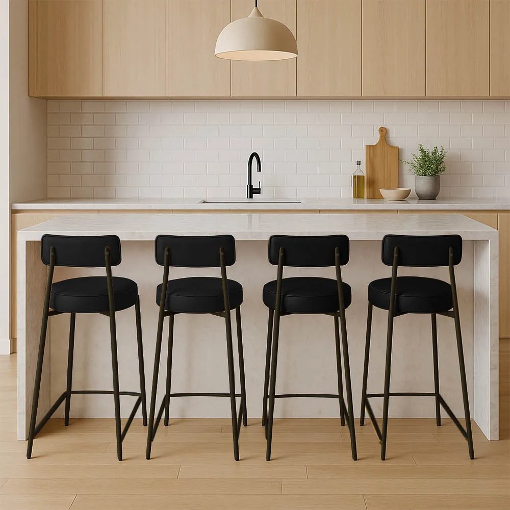 Banqueta de Cozinha Alta com encosto Industrial em aço kit 4 Londres PU D03 - D'Rossi - Preto