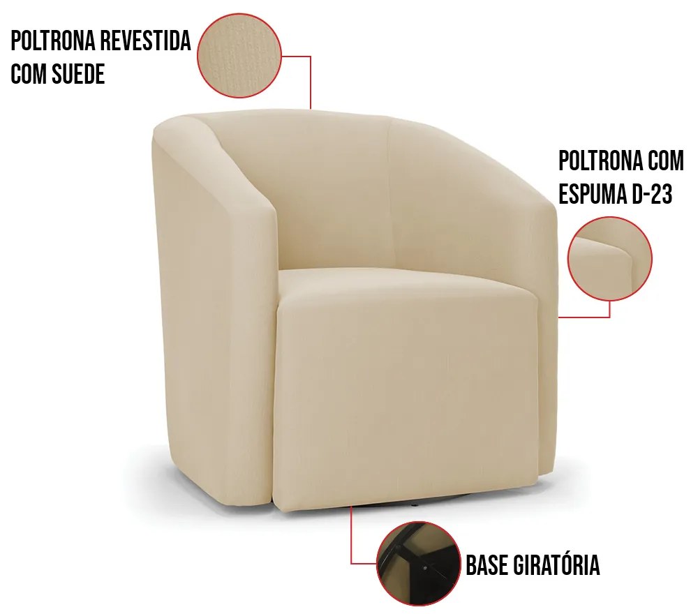 Poltrona Decorativa Base Giratória Stella Max Suede D03 - D'Rossi - Bege