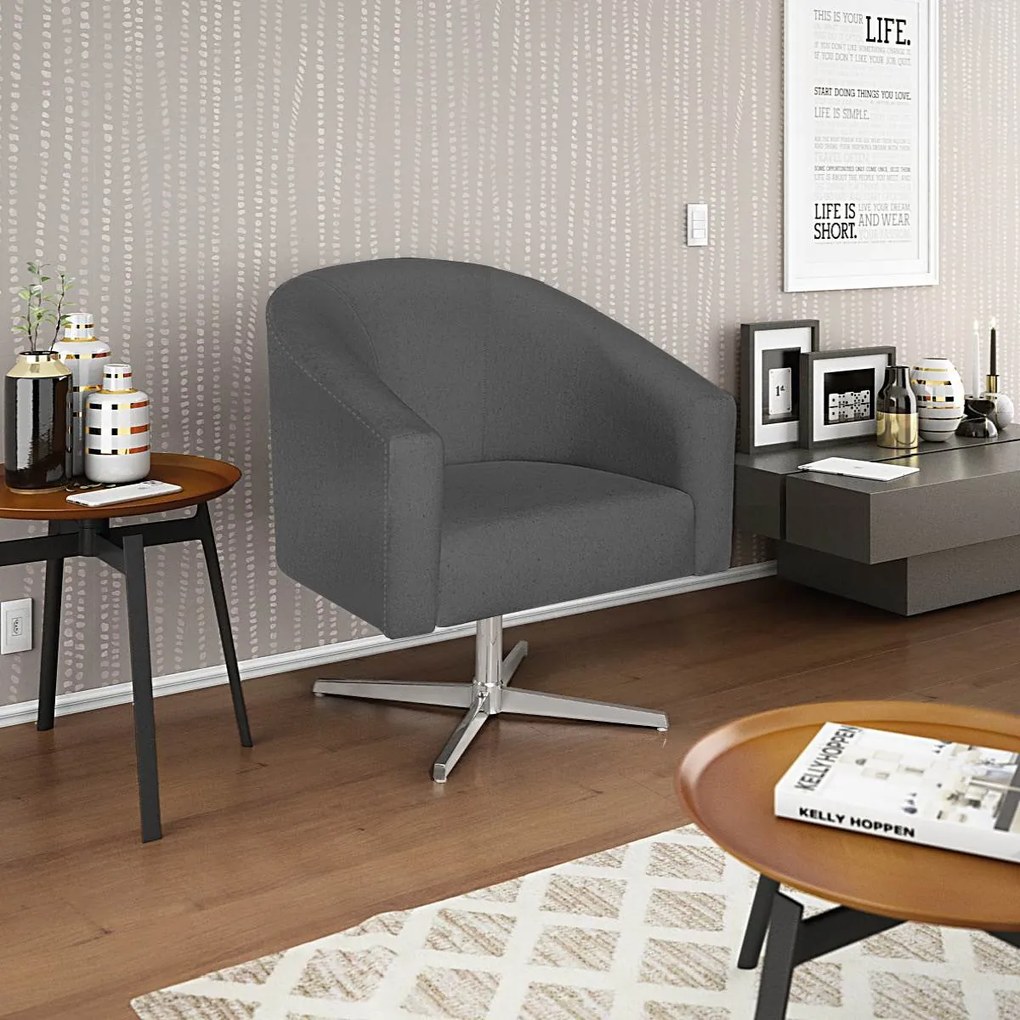 Poltrona Luiza Base Giratória de Metal Linho Cinza Escuro - ADJ Decor