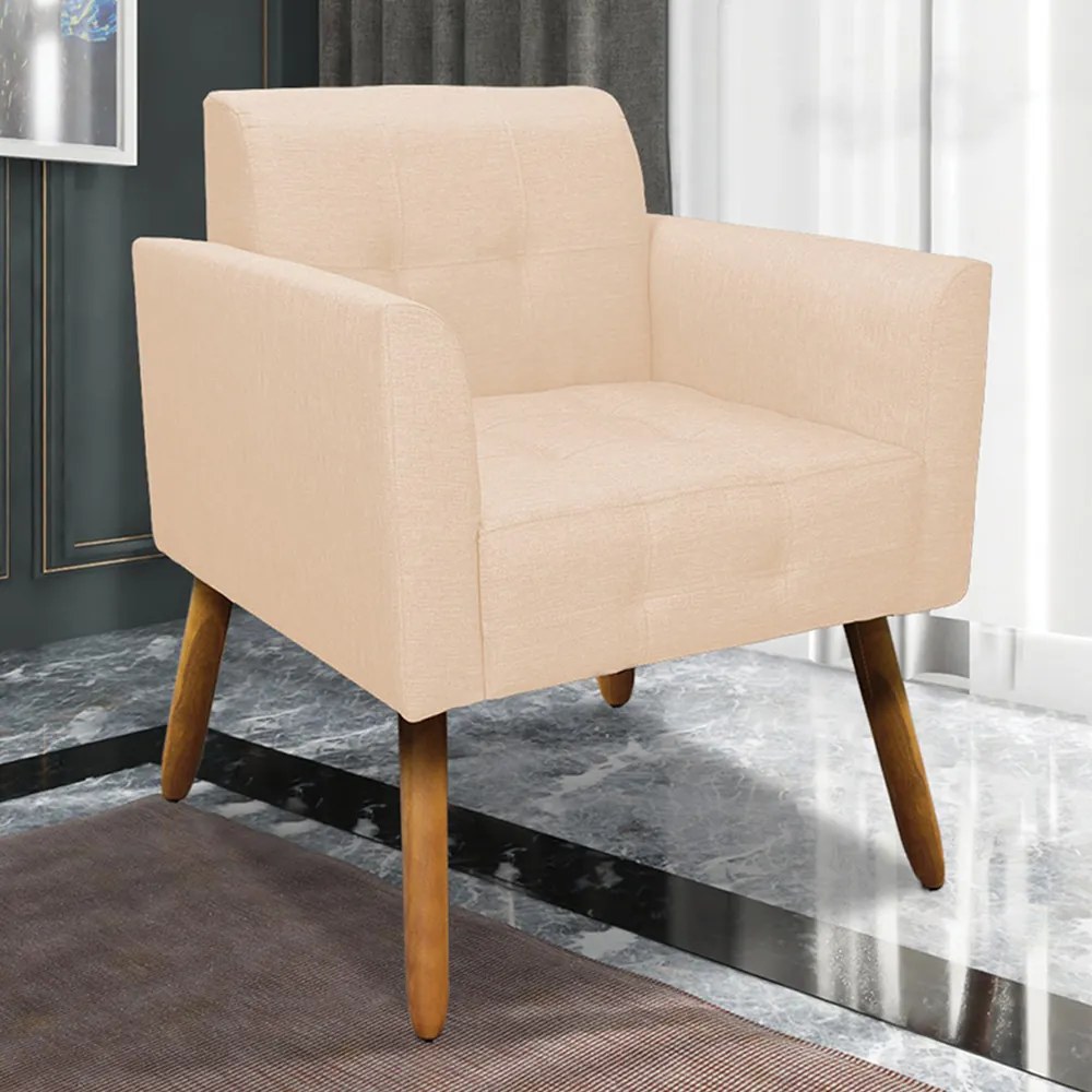 Poltrona Decorativa Pés Palito Karen Linho Bege G19 - Gran Belo