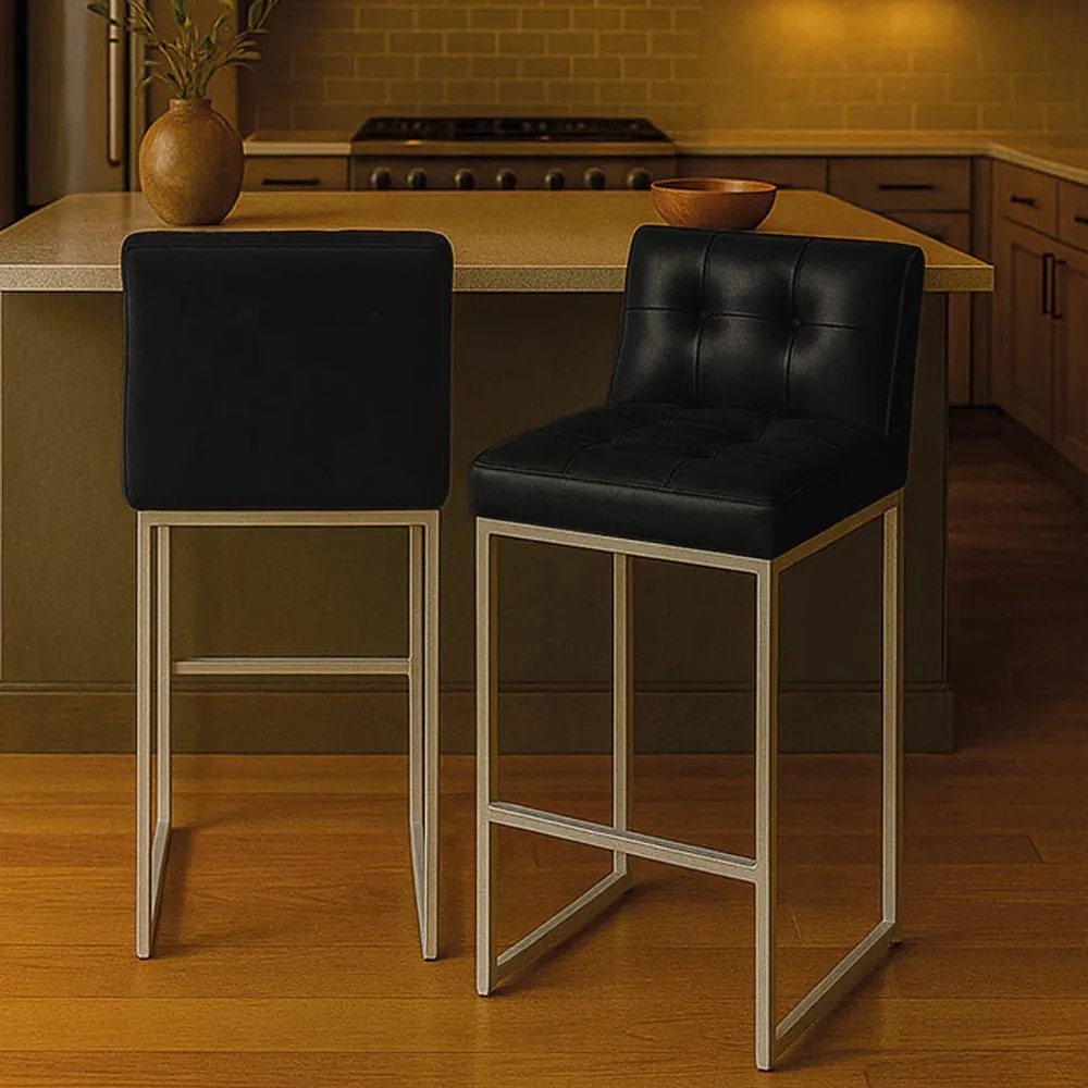 Banqueta Cozinha Alta com Encosto Industrial Kit 2 Champanhe Lirina PU C05 - D'Rossi - Preto