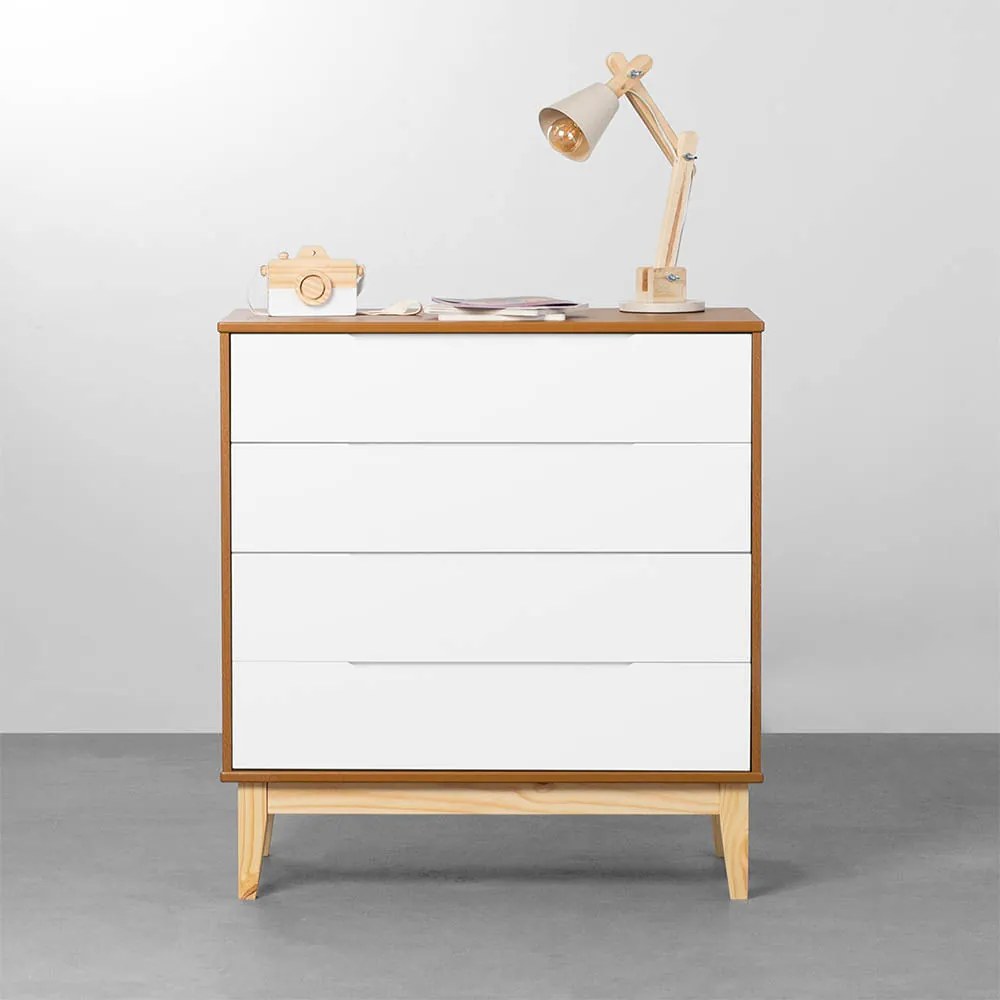 Cômoda Elfe 4 Gavetas com Pés Square Natural – Branco Fosco e Savana