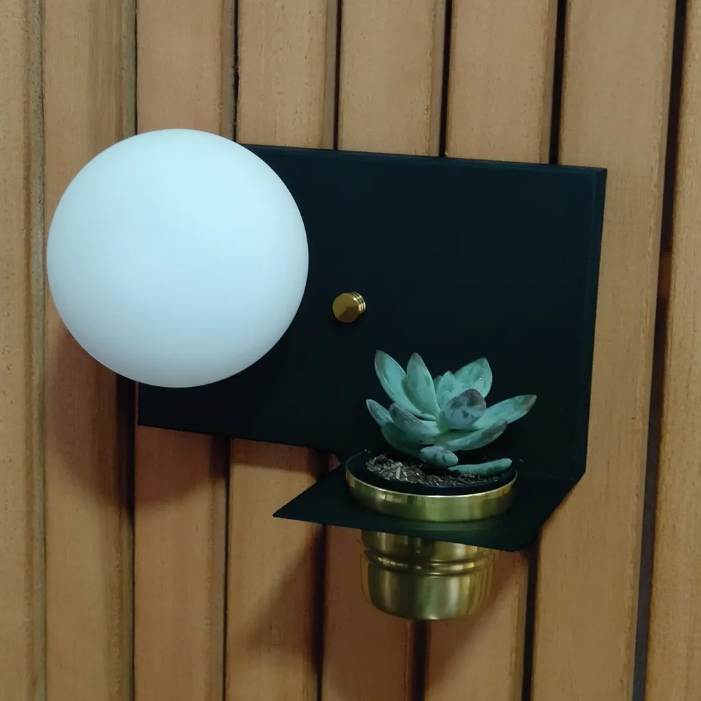 Arandela Nature Horizontal Com Porta Mini Vaso 12X25Cm Globo Ø10Cm 01X... (PRETO / COBRE BRILHO)