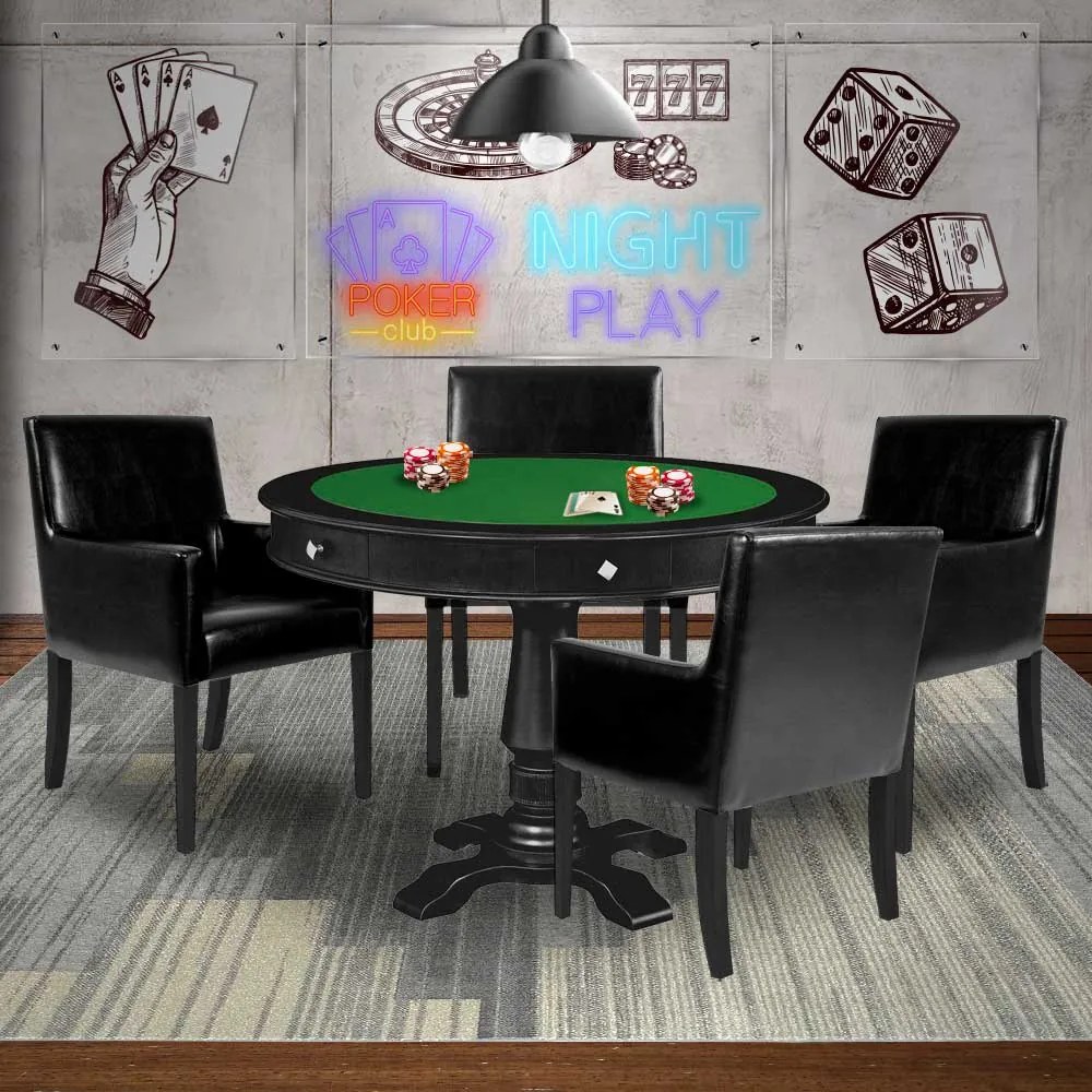 Mesa de Jogos Carteado Victoria Redonda Tampo Reversível Preto com Kit 4 Cadeiras Liverpool PU Sintético Preto Liso G36 G15 - Gran Belo