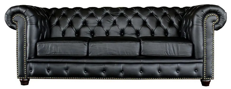 Sofá 3 Lugares Sala de Estar 235cm Chesterfield Pés Madeira Couro Preto G40 - Gran Belo