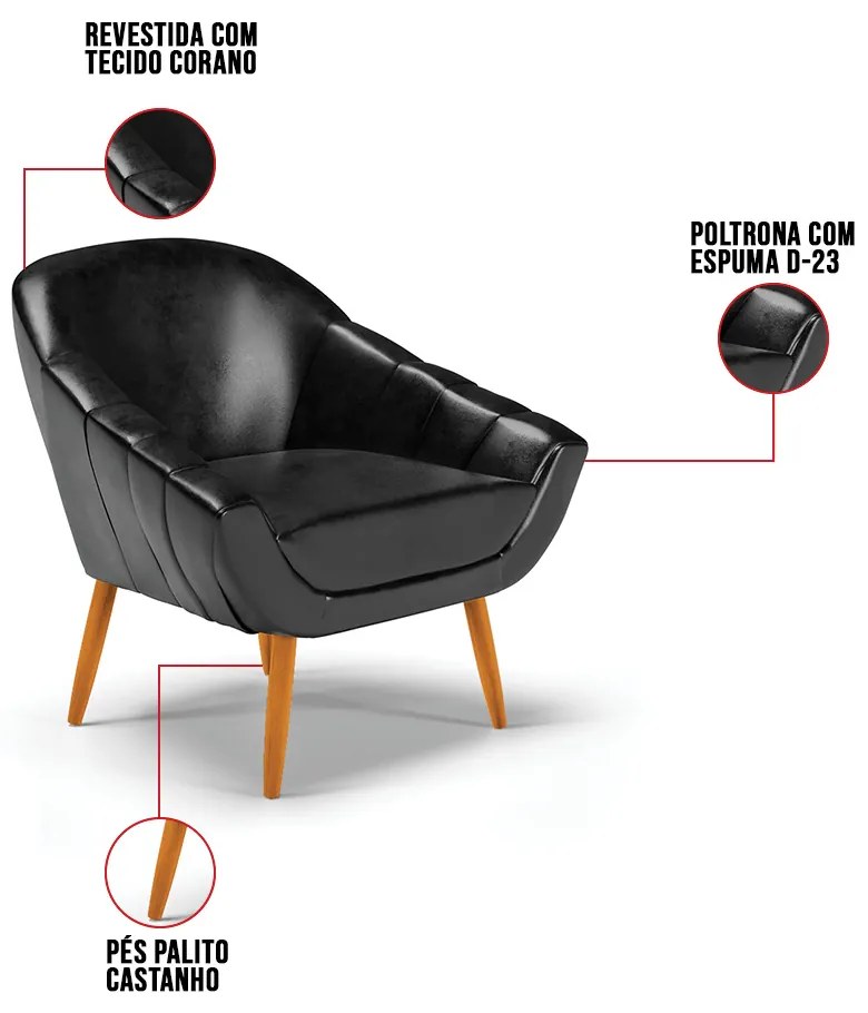Kit 01 Namoradeira 02 Lugares e 02 Poltronas Giovana Corano Pés Palito Castanho D01 - D'Rossi - Preto