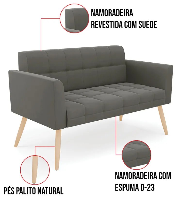 Kit 1 Sofá Namoradeira e 2 Poltronas Elisa Suede Pés Palito Natural D03 - D'Rossi - Grafite