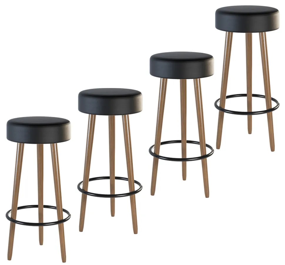 Banqueta Alta para Cozinha Base Madeira Kit 4 Dani Sintético PU Preto - D'Rossi