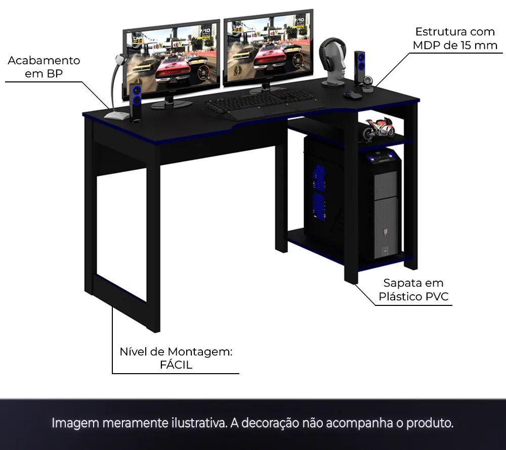 Conjunto Mesa e Armário para Escritório Home Office Gamer Cool MDP Preto/Azul G69 - Gran Belo