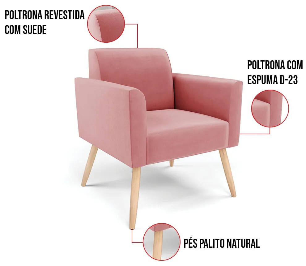 Kit 2 Poltronas Pés Palito Natural Marisa Suede Rosê D03 - D'Rossi