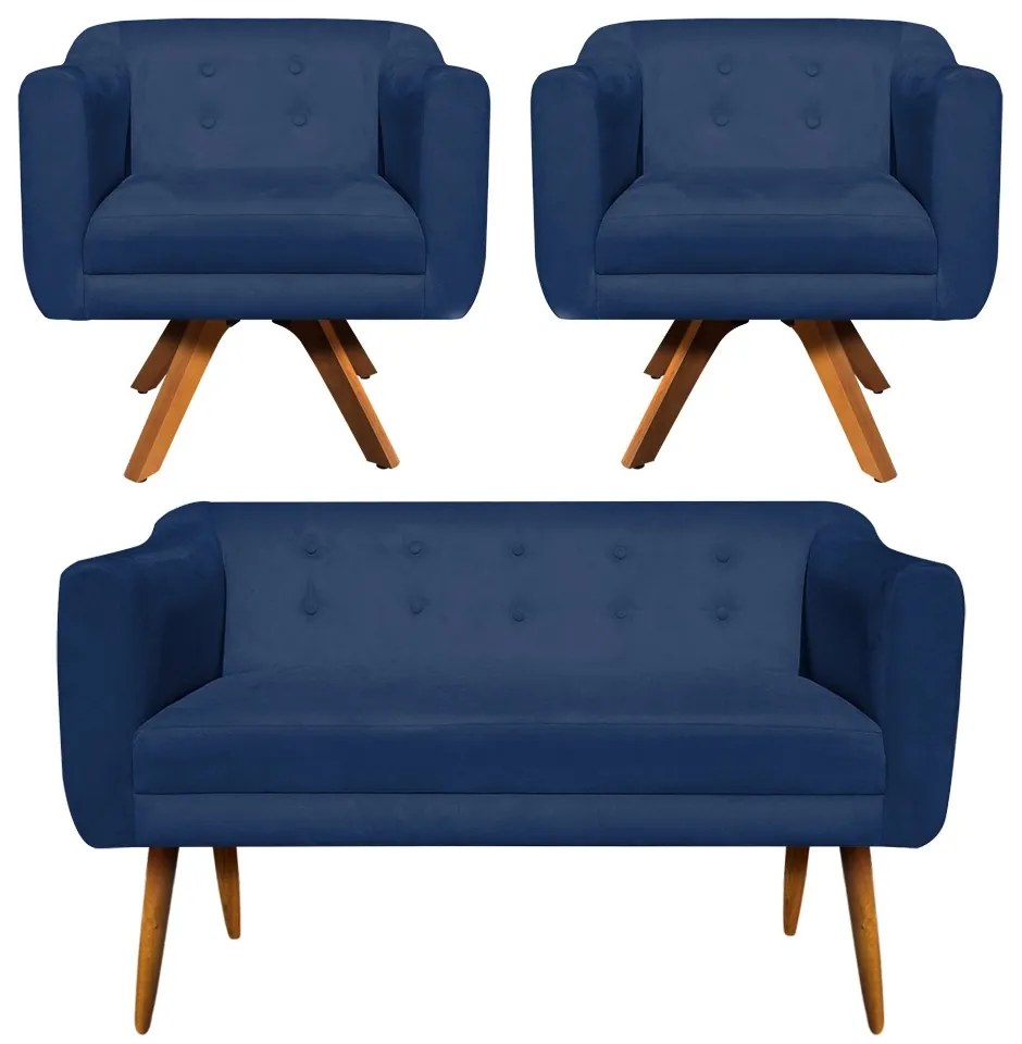 Kit 01 Namoradeira 02 Lugares e 02 Poltronas Giratória Julia Suede Azul Marinho Base Madeira MM30 D'Rossi