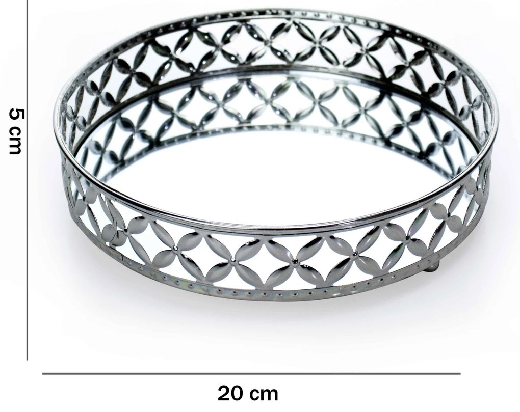 Bandeja Decorativa Redonda em Metal Prata com Espelho 20cm M02 - D'Rossi