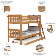 Treliche Solteiro Juvenil com Escada Móvel Joy Z40 Mel Acetinado - Mpo