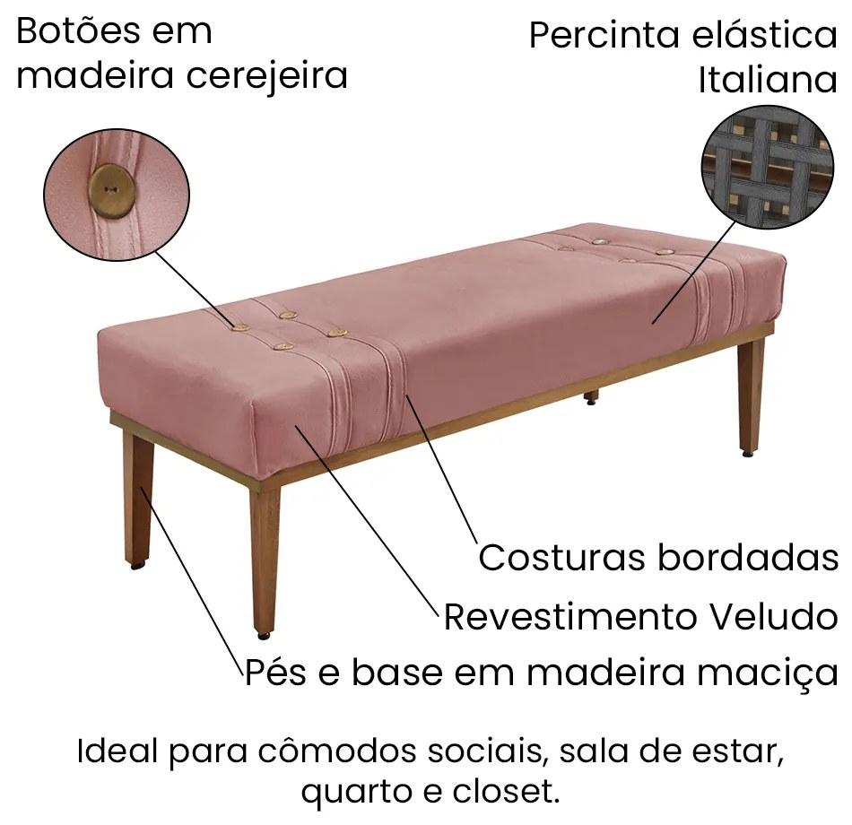 Divã Recamier Banco Base Madeira para Quarto Gênova 90cm Veludo Rosa S04 - D'Rossi