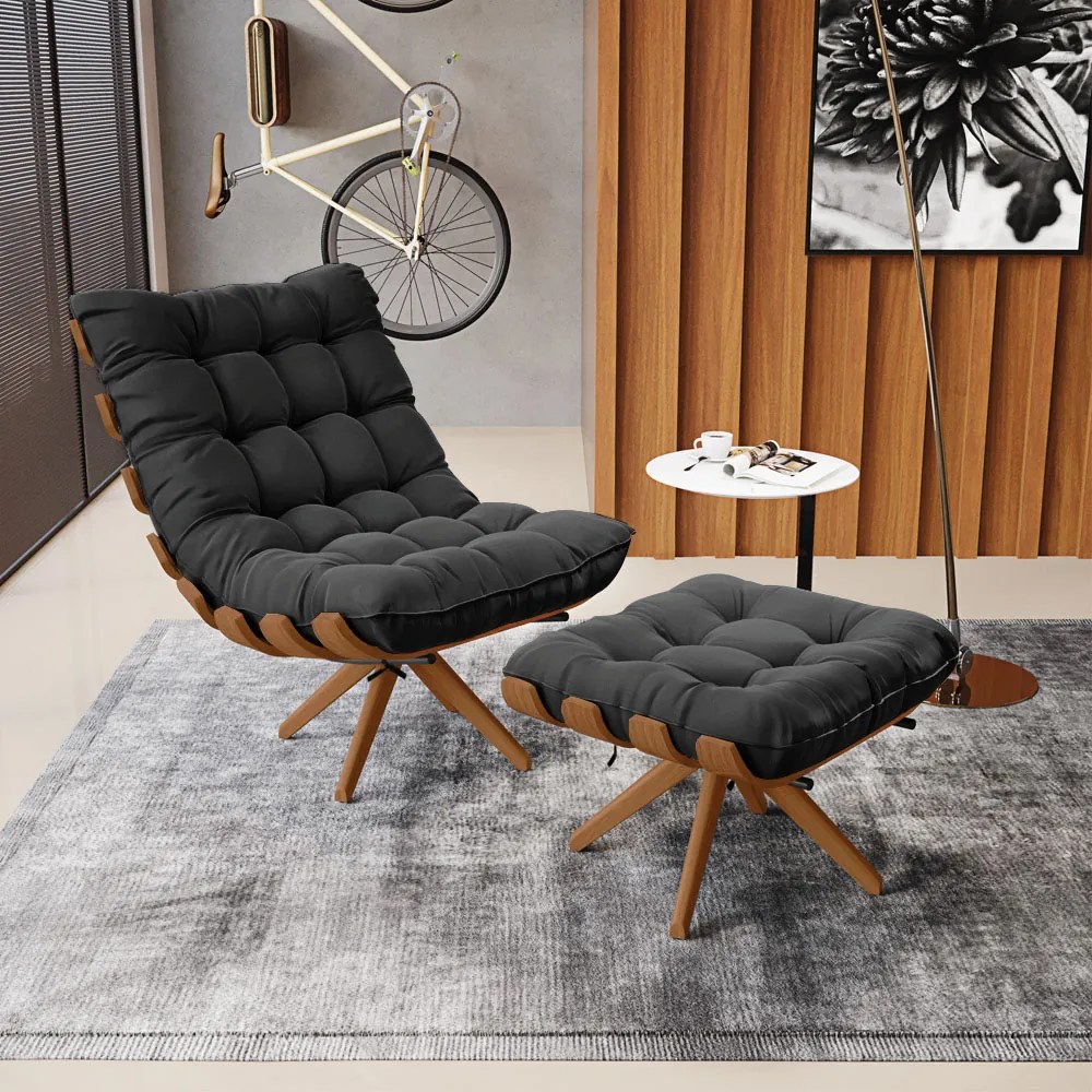 Puff Giratório Costela Suede Base de Madeira MA30 M11 - D'Rossi - Preto
