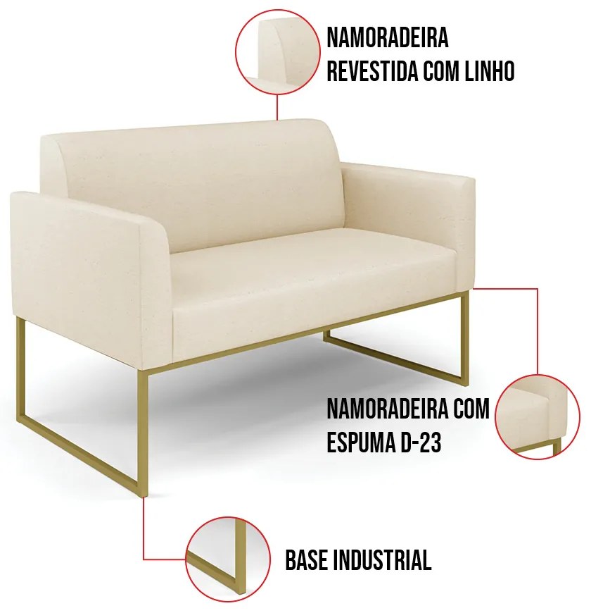 Sofá Namoradeira com 2 Poltronas Base Industrial Dourado Marisa Linho Bege A19