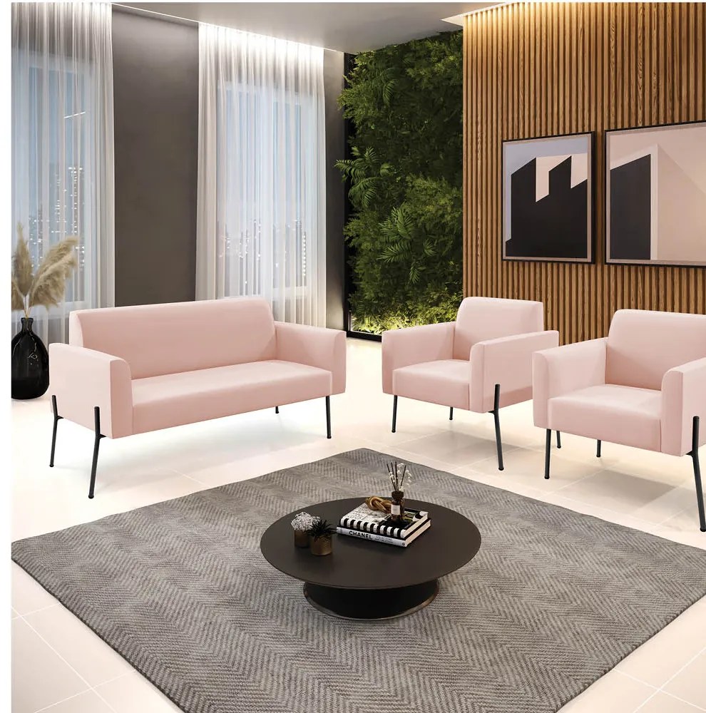 Sofá Namoradeira e 2 Poltronas Pé de Ferro Preto Elisa Veludo Rosê D03 - D'Rossi