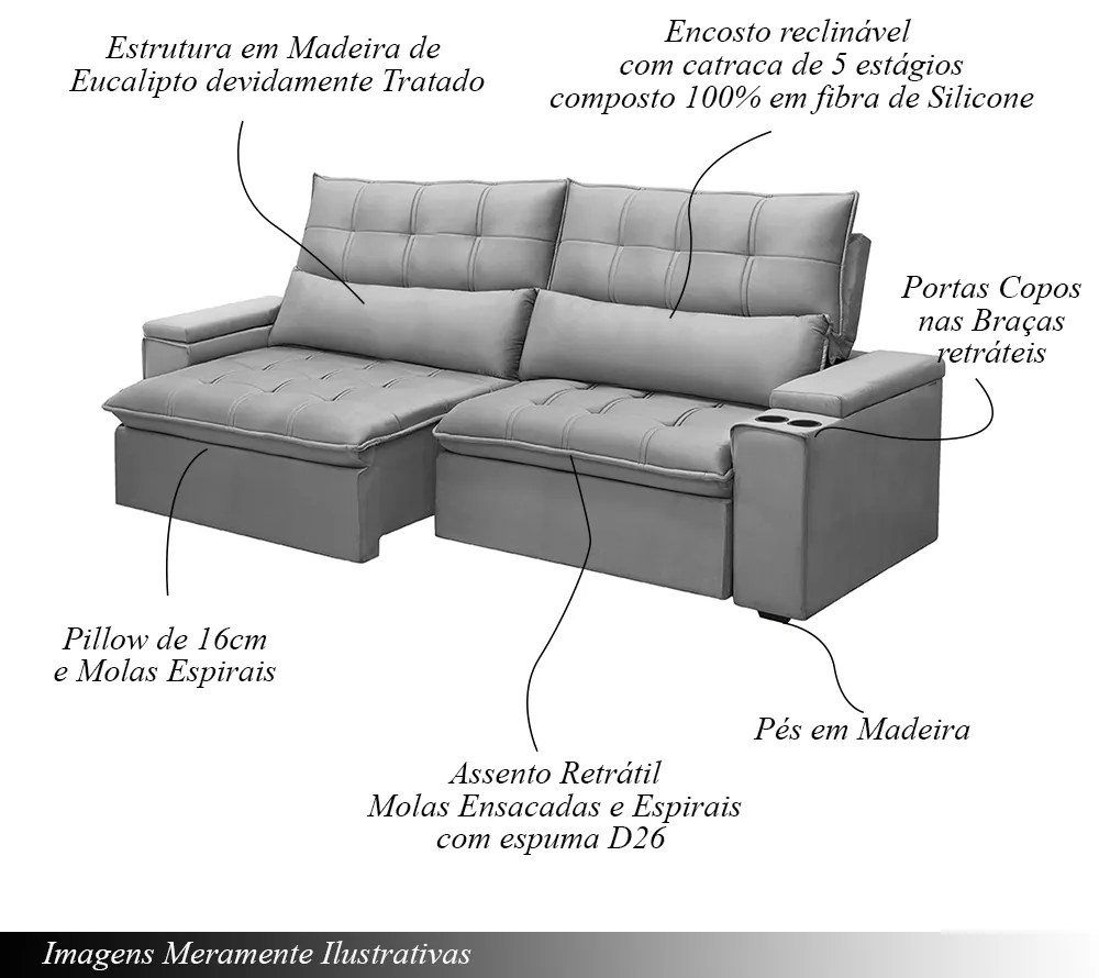 Sofá Retrátil e Reclinável 3 Lugares 210cm Robem Porta Copos no Braço Veludo Cinza G22 - Gran Belo