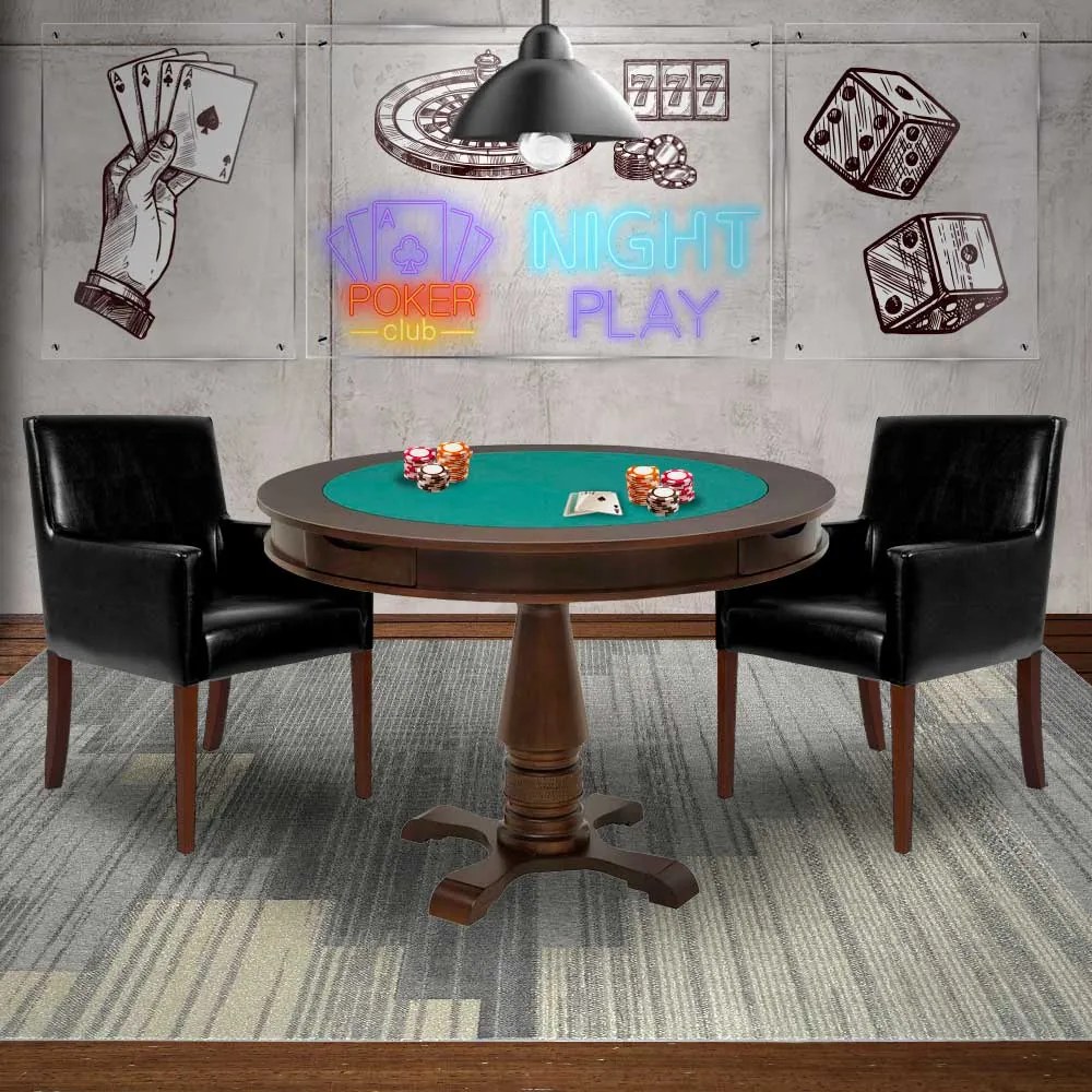 Mesa de Jogos Carteado Victoria Redonda Tampo Reversível Imbuia com 2 Cadeiras Liverpool Corino Preto Liso G36 G15 - Gran Belo