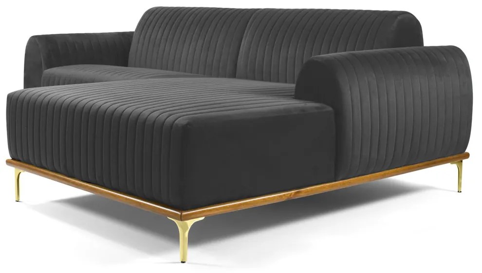 Sofá 3 Lugares Lisboa D07 com Chaise Direita 230cm Veludo Cinza - D'Rossi