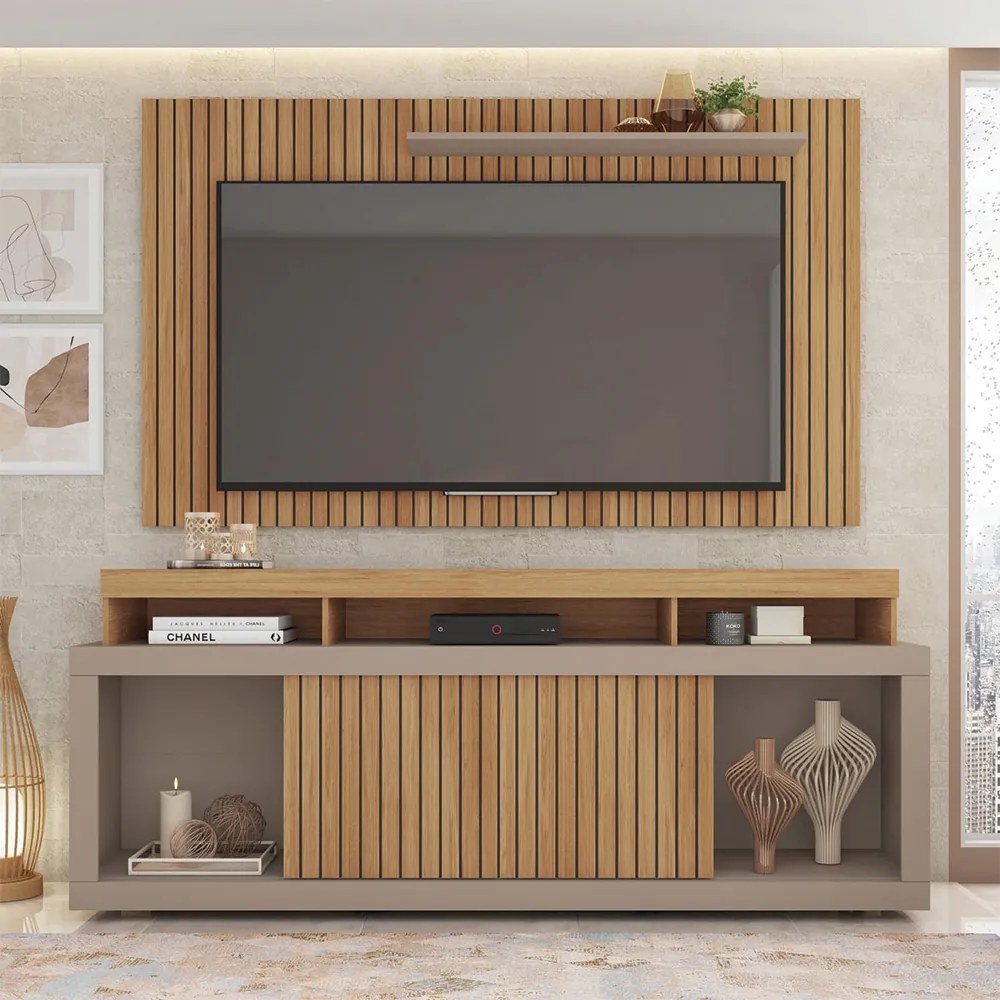 Conjunto Painel e Rack Bancada Toquio 180cm MDP Portas de Correr Ripado Buriti/Fendi G11-Gran Belo