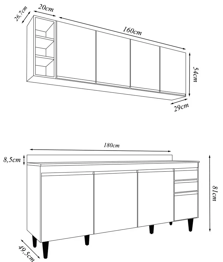 Conjunto Balcão de Cozinha com Tampo Apex Armário Aéreo MDP/BP