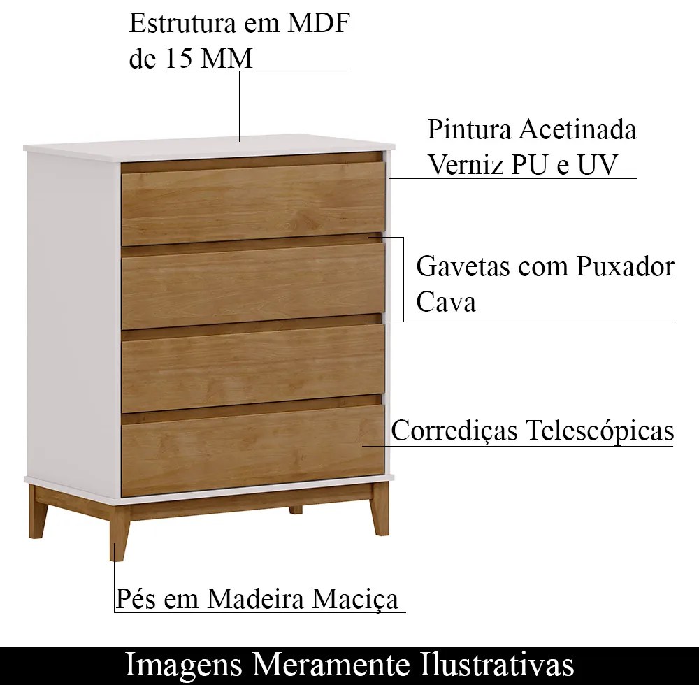 Cômoda Decorativa Every Madeira 4 Gavetas OffWhite/Freijó G74 - Gran Belo