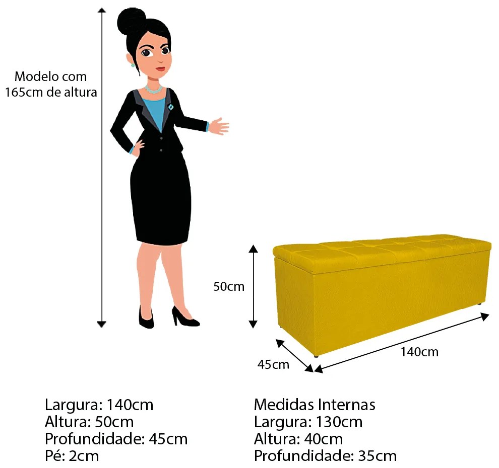 Calçadeira Estofada Manchester 140 cm Casal Suede Amarelo - ADJ Decor