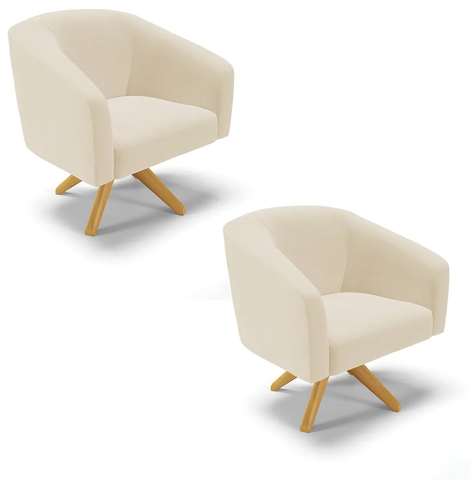 Poltrona Sala Decorativa Giratória Madeira Kit 2 Stella Linho D03 - D'Rossi - A19 Bege