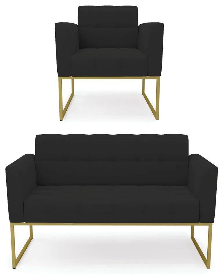 Kit 1 Sofá Namoradeira e 1 Poltrona Elisa Veludo Base Metálica Industrial Dourado - D'Rossi - Preto