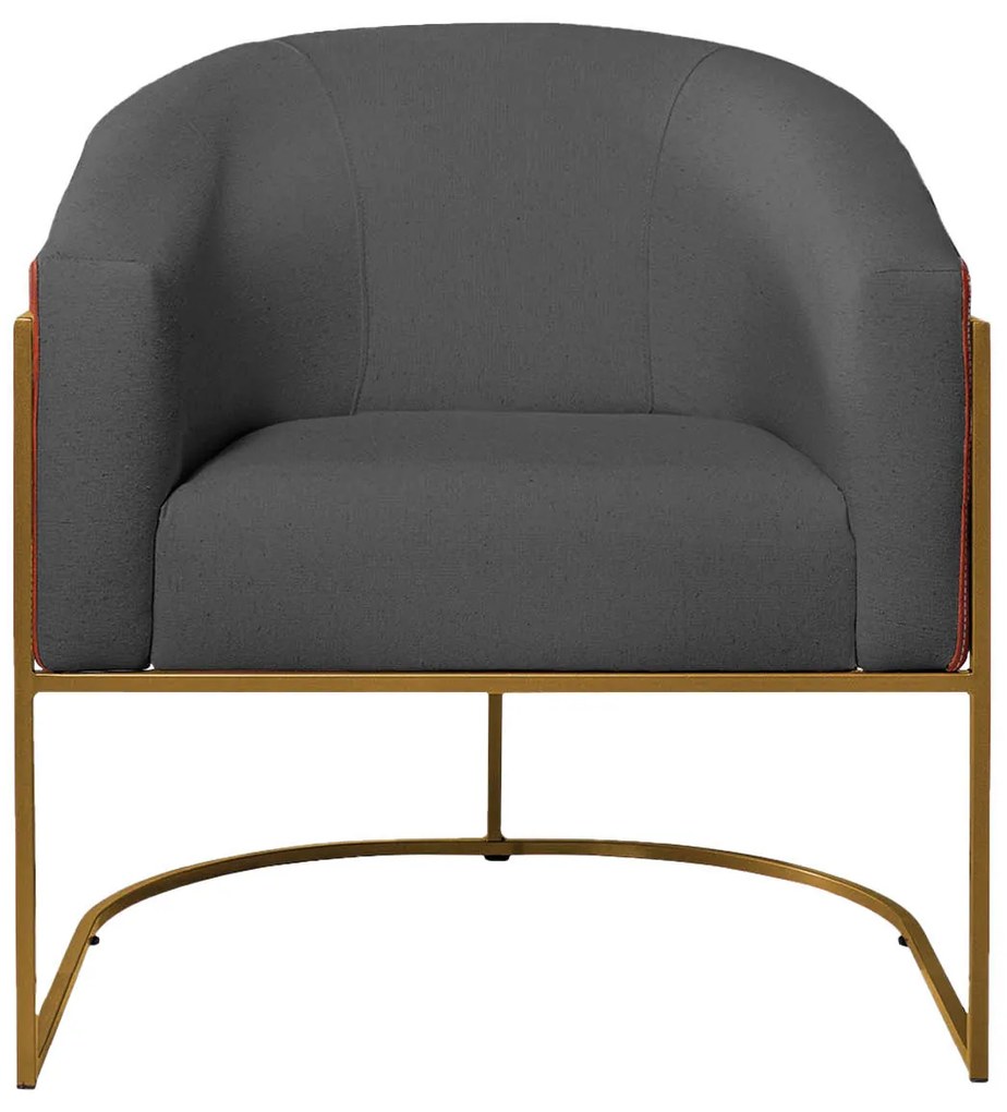 Kit 02 Poltronas Luiza Base de Ferro Dourado Corano Nozes e Linho Chumbo - ADJ Decor