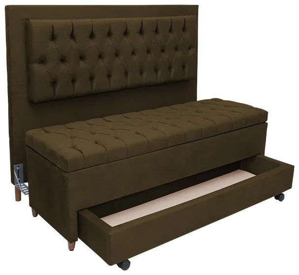 Cabeceira com Calçadeira Baú Casal 140cm Paris Capitonê Suede Marrom - Sheep Estofados - Marrom