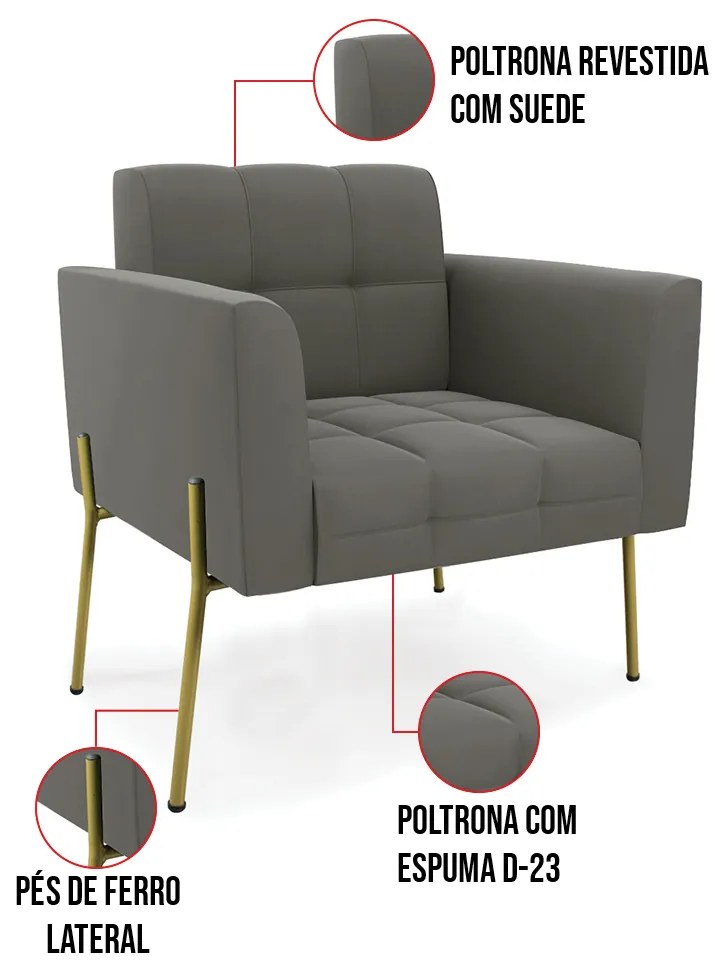 Poltrona Pé de Ferro Dourado para Sala Elisa Suede D03 - D'Rossi - Grafite