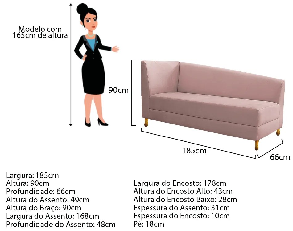 Recamier Valéria 185cm Lado Esquerdo Suede Rosê - ADJ Decor