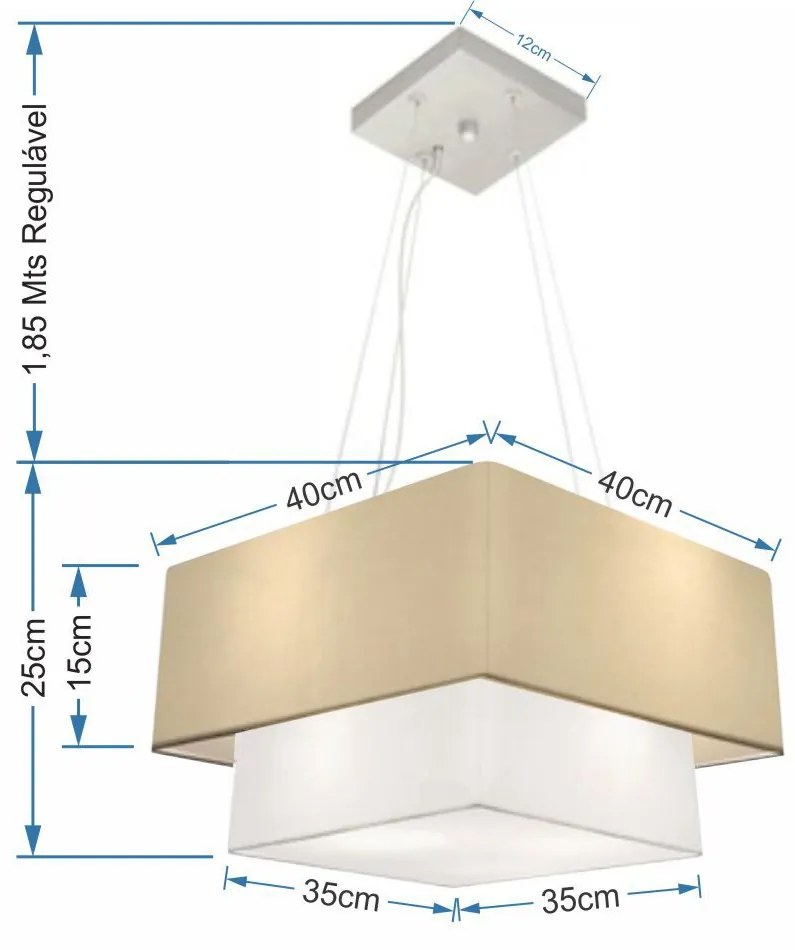 Lustre Pendente Duplo Quadrado Vivare Md-4157 Cúpula em Tecido 40x35cm Algodão Crú / Branco - Bivolt