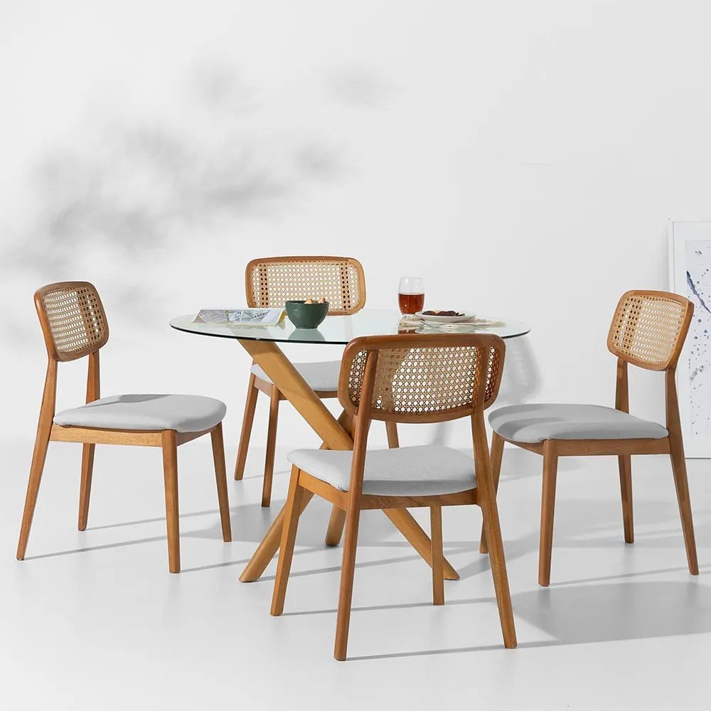 Conjunto Mesa de Jantar Thai Redonda Vidro Incolor - 1,10m + 4 Cadeiras Lótus Encosto Palha Larga Linne - Cinza