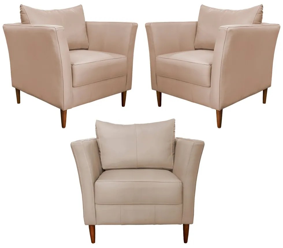 Kit 3 Poltronas Decorativa Sala de Estar Pés Palito Lubbock Couro Bege G58 - Gran Belo
