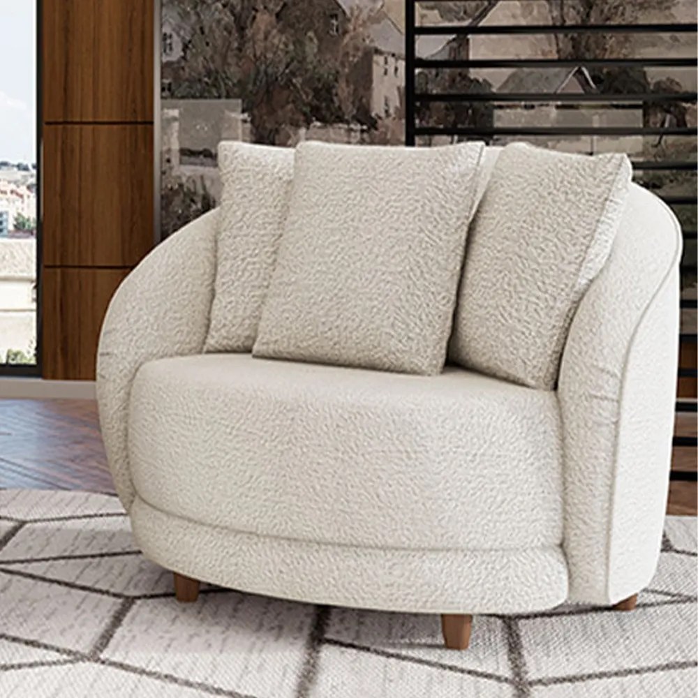 Poltrona Galáxia Pés Madeira Base Fixa com Almofadas Boucle Branco G45 - Gran Belo